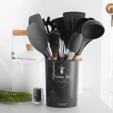 Силиконовый кухонный набор принадлежностей с деревянной ручкой 12 предметов Черный