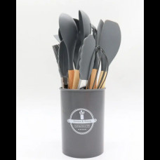 Силиконовый кухонный набор принадлежностей с деревянной ручкой 12 предметов Серый