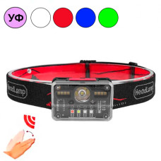 Фонарь налобный аккумуляторный M-006 XPG+8SMD+4SMD с сенсорным управлением, красный, синий, зеленый, белый, ультрофиолет
