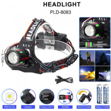 Фонарь налобный FLUORESCENCE 8083 1 РЕЖИМ PM10-TG+COB, 2x18650, power bank, ЗУ Type-C, zoom