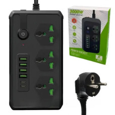 Сетевой удлинитель фильтр Power Socket J07 на 3 розетки + 4 USB 3.4A и 2 Type-C Черный