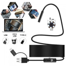 Камера эндоскоп с кабелем на 5 метров 5 мм USB/micro USB/ Type-C с подсветкой под Android