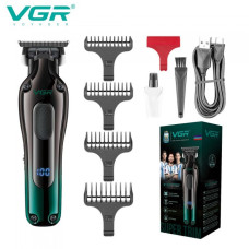 Аккумуляторная машинка триммер для стрижки волос и бороды с USB и LED дисплеем VGR V-998 Зелёный