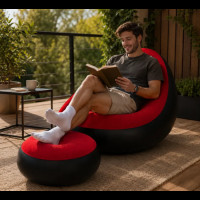 Надувное кресло диван 2в1 с пуфиком для ног A-Sofa до 150 кг с насосом Чёрный с красным