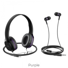 Комплект дротяних навушників накладні + вакуумні Hoco W24 Чорні з фіолетовим