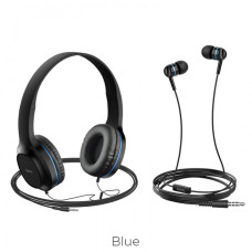 Комплект дротяних навушників накладні + вакуумні Hoco W24 Чорні з синім