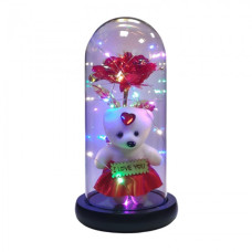 Хрустальная роза в колбе с мишкой и сердечком I Love You, красная работа от батареек и USB
