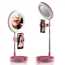 Кільцева LED лампа 16 см складана настільна з тримачем телефону та дзеркалом G3 від USB Рожева