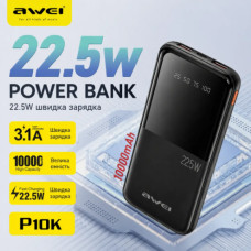 Внешний аккумулятор Power bank AWEI P10K 10000 мАч 22.5 Вт быстрая зарядка 2 USB и 1 Type-C черный